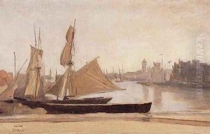 Dunkirk, Fishing Boats Tied to the Wharf by Jean-Baptiste-Camille Corot