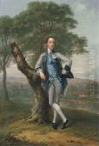 Portrait Of Thomas Bateman Lane 
(b. 1735), Small Full-length, In Agrey Suit With A Blue Waistcoat, 
Holding A Tricorn In His Lefthand, Leaning On A Tree Stump, In A River 
Landscape With The Seabeyond