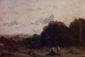 Fields with a Village on the Horizon, Two Figures in the Foreground by Jean-Baptiste-Camille Corot