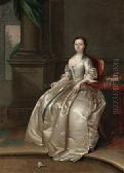 Portrait Of A Lady, Full-length,
Seated In A White Satin Dress,beside A Table With A Basket Of Flowers, A
Sprig Of Orange Blossomin Her Right Hand, In An Interior - view 1