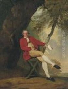 Portrait Of Squire Austin, 
Seated Full-length, In A Red Coat With Ayellow Waistcoat And Breeches, 
Holding A Book In His Left Hand,beneath A Tree In A Landscape
