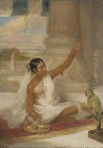 A Hindu Girl Seated Cross-legged Spinning Watched By A Parrot by Arthur William Devis