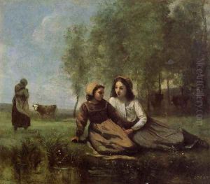 Two Cowherds in a Meadow by the Water by Jean-Baptiste-Camille Corot