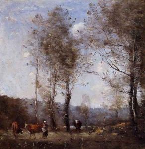 Ville d'Avray, Cowherd in a Clearing near a Pond by Jean-Baptiste-Camille Corot