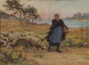 Bergere Et Ses Moutons by Theophile Louis Deyrolle