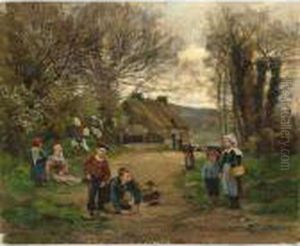 Children Playing Of Marbles On A Sunny Day, Brittany by Theophile Louis Deyrolle