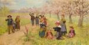 Children Gathering Spring Flowers by Theophile Louis Deyrolle
