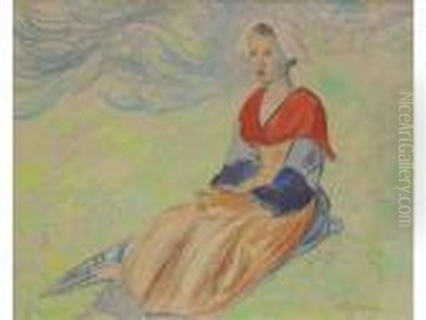 Jeune Bretonne Du Pays Vannetais Assise Dans La Campagne - view 1