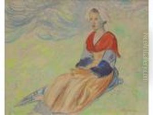 Jeune Bretonne Du Pays Vannetais Assise Dans La Campagne by Emile Alfred Dezaunay