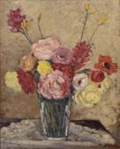 Vase De Fleurs Huile Sur Carton Signee En Bas A Droite Et Contresignee Au Dos Vase De Fleurs Huile Sur Carton Signee En Bas A Droite Et Contresignee Au Dos