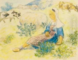 Bretonne Assise Gardant Les Vaches, Vers 1894 by Emile Alfred Dezaunay