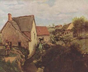 Hütten mit Mühle am Bachufer