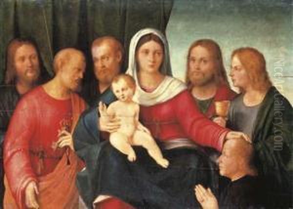 The Madonna And Child With
Saints Peter, John The Evangelist, Jamesthe Great And Two Other Apostles
With The Donor In Adoration - view 1