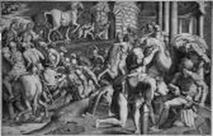 Die Trojaner Bringen Das Holzerne Pferd In Die Stadt by Giulio Bonasone