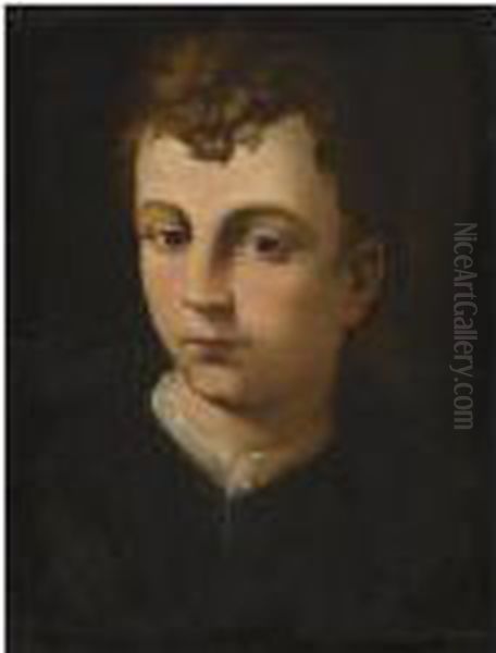 Portrait Of A Boy, Head And Shoulders, Wearing A Black Coat With A White Collar - view 1