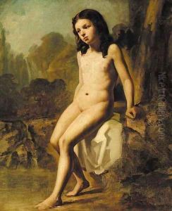 A female nude in a rocky landscape by Jean-Baptiste-Camille Corot