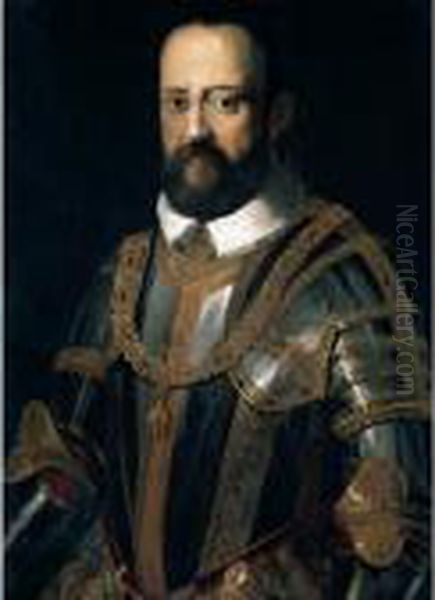 Portrait Of Grand Duke Cosimo I
De' Medici (1519-74), Half Length Wearing Armour, Wearing The Insignia
Of The Order Of The Golden Fleece - view 1