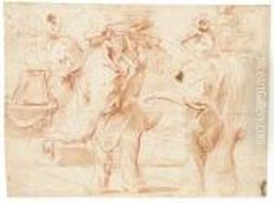 Trois Hommes Montes Sur Des Elephants Portant Des Trophees by Andrea Di Lione