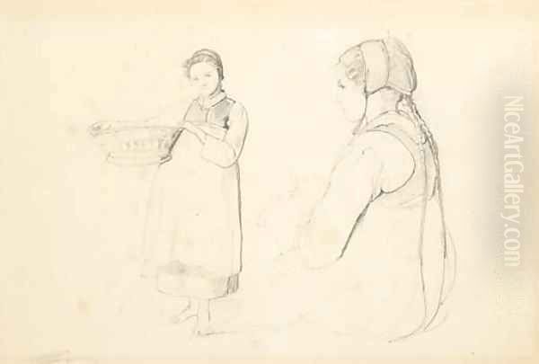 A girl holding a basket, and the same seated girl in profile to the left, half-length - view 1