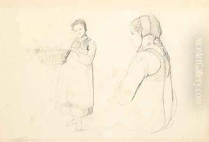 A girl holding a basket, and the same seated girl in profile to the left, half-length