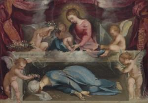 The Madonna And Child With The Martyred Saint Cecilia And Infantangels by Ventura Salimbeni