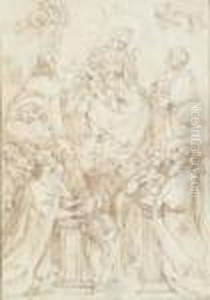 Reunion De Saints Adorant La Vierge A L'enfant Plume Et Encre Brune, Lavis Brun. - view 1
