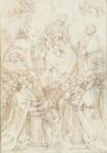 Reunion De Saints Adorant La Vierge A L'enfant Plume Et Encre Brune, Lavis Brun.