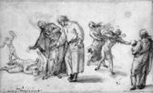 A Wounded Boy Attended By A Woman And A Man, With Figuresfleeing