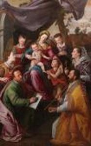 Madonna Col Bimbo, San
Giovannino, San Nicola Di Bari, San Giovanni Evangelista, Santa Caterina
D'alessandria, Sant'elena (?) E Due Angeli by Santi Di Tito