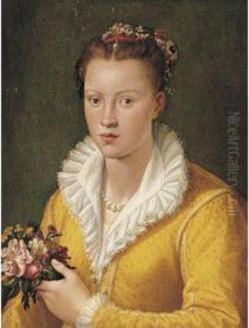 Portrait Of A Girl In A Yellow Dress Holding A Bouquet Of Flowers