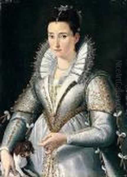 Lady Wearing A White And Gold Embroidered Dress Standing With Her Dog - view 1