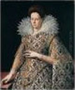 Portrait Of A Lady,
Three-quarter Length, Wearing A Richly Embroidered Dress And Lace Collar by Santi Di Tito