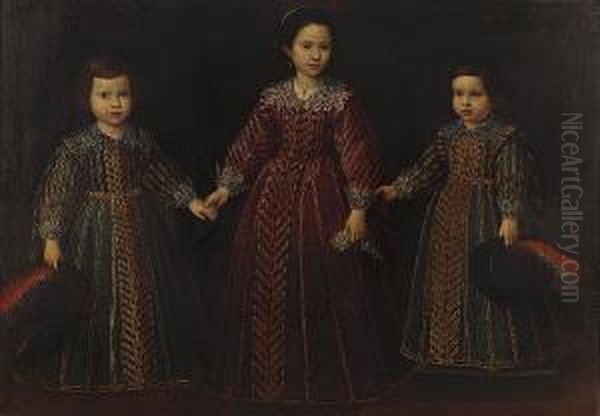 A Portrait Group Of Three
Children, Standing Full-length, In Embroidered Gowns With Lace Collars,
In An Interior - view 1