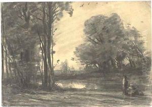 A wooded river landscape with a man by a pond by Jean-Baptiste-Camille Corot
