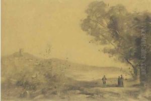 A landscape with a hilltown in the background, three figures to the right by Jean-Baptiste-Camille Corot