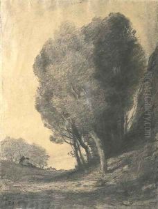A landscape with figures by trees by Jean-Baptiste-Camille Corot