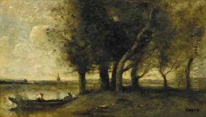 Barque a la Rive, au pied d'un groupe d'arbres by Jean-Baptiste-Camille Corot