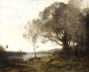 La tour au bord de l'etang by Jean-Baptiste-Camille Corot