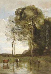 Bords d'Etang aux deux vaches, souvenir d'Italie by Jean-Baptiste-Camille Corot