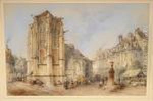 Continental Market Place With Figures Beside A Church, Other Buildings Nearby by Thomas Colman Dibdin