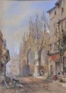 Figures Before A French 
Cathedral, Signed And Dated 1869, Watercolour Heightened With White