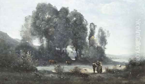 Groupe d'arbres au bord d'un etang avec trois campagnards debout et deux vaches (environs de Ville d'Avray) - view 1