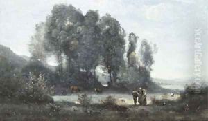 Groupe d'arbres au bord d'un etang avec trois campagnards debout et deux vaches (environs de Ville d'Avray) by Jean-Baptiste-Camille Corot