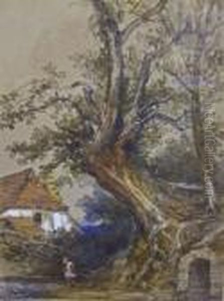 Signed, Watercolour, Child Playing By A Stream With Cottage In Background, 14 1/2 - view 1