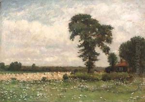 Harvesters in a summer landscape by Jean-Baptiste-Camille Corot