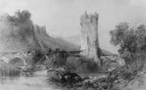 A Drover And Heifer Crossing A Ruined Fortified Stone Bridge In A Mountainous Landscape by Thomas Colman Dibdin