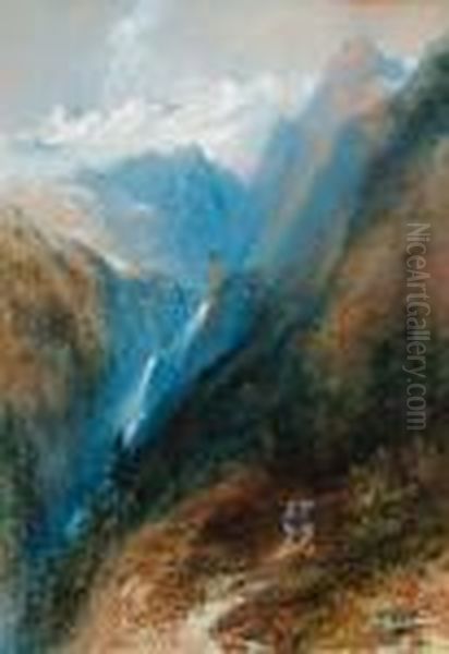 Figures On A Track With A Waterfall Beyond - view 1