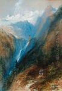 Figures On A Track With A Waterfall Beyond Figures On A Track With A Waterfall Beyond
