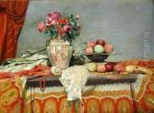 Tabletop Still Life With Fruit, Flowers, Shell And Necklace by Xaver Frantisek Diblik