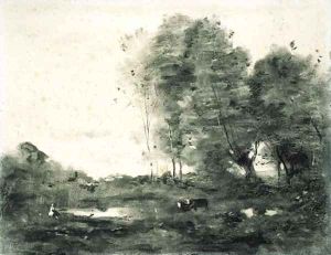 An extensive wooded landscape with cows by Jean-Baptiste-Camille Corot